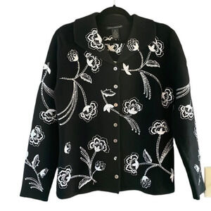 Sarah Spencer 100% Wool Floral Embellished Blach Cardigan Size Medium‎ (M)